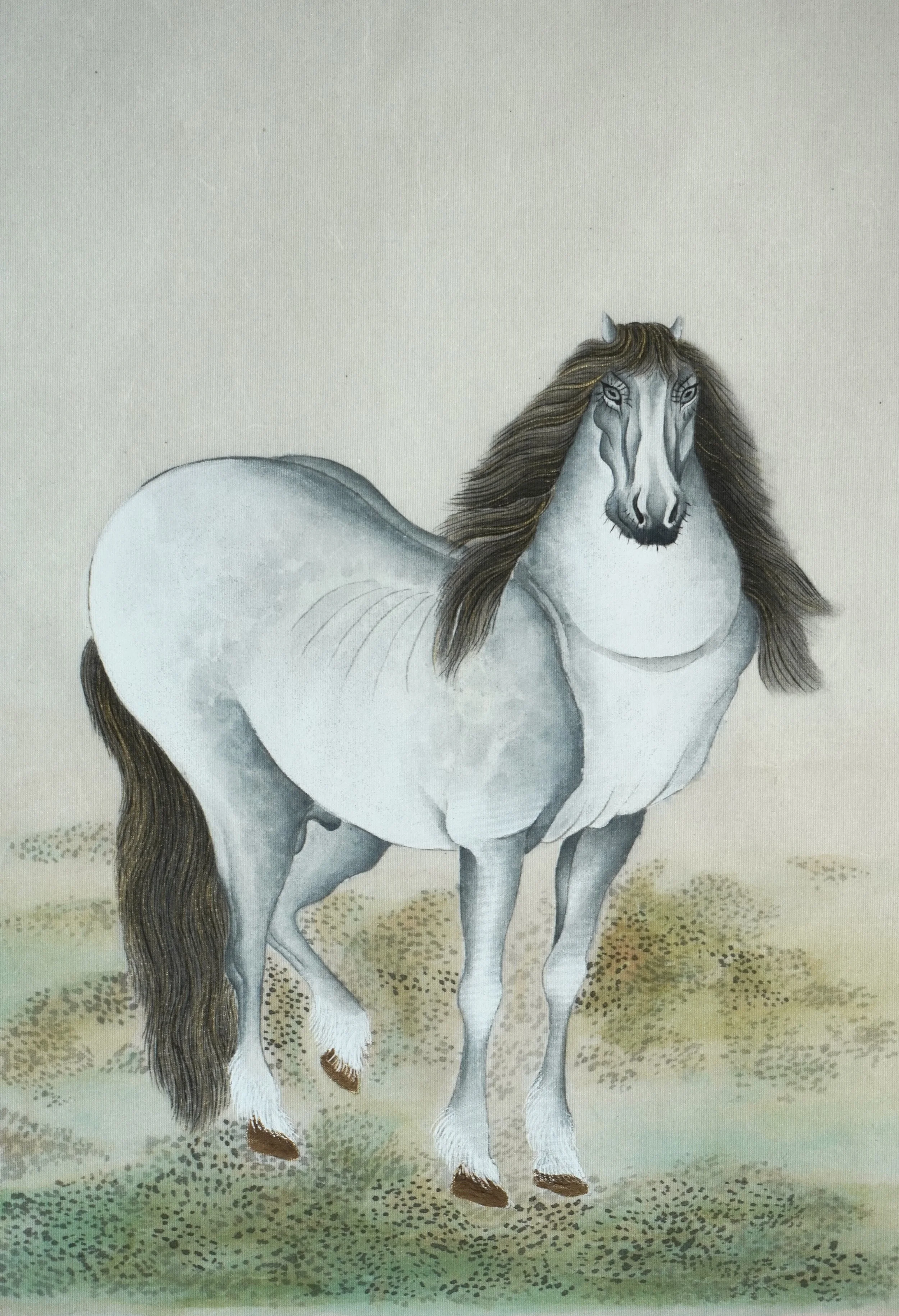 A study of Paljundo (八駿圖), the Painting of Eight Magnificent Steeds. The horse depicted above is Yurincheong (游麟靑), originally by Unknown Artist, mid 15th century. 

Executed on silk using shell and stone pigments, under the guidance of Jang Mi-ri at