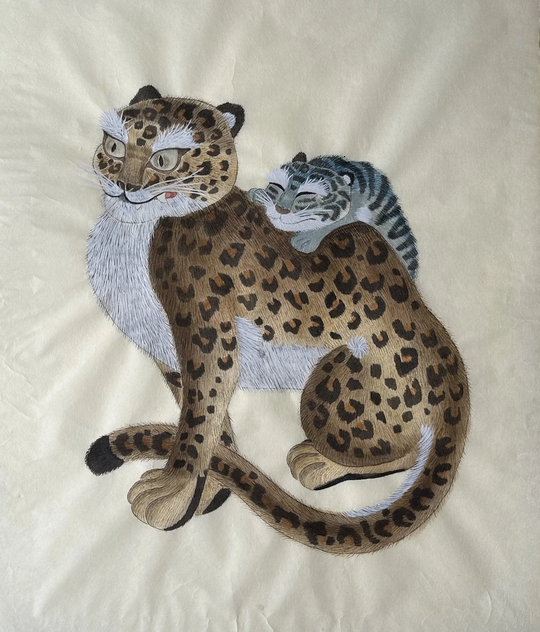 A study of a traditional Mojahodo (모자호도 - Tiger and Cub) on hanji, originally by the Unknown Artist, 19th century. Based on a modern draft by Ji Min-sun; technical guidance by Kim Ye-un at Studio Yen. 

Represents family harmony, parental love, and t