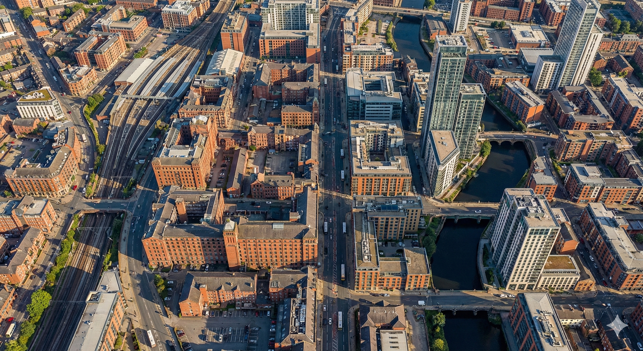 Aerial view of a city with red brick buildings, modern high-rises, bridges over rivers, and railway tracks.