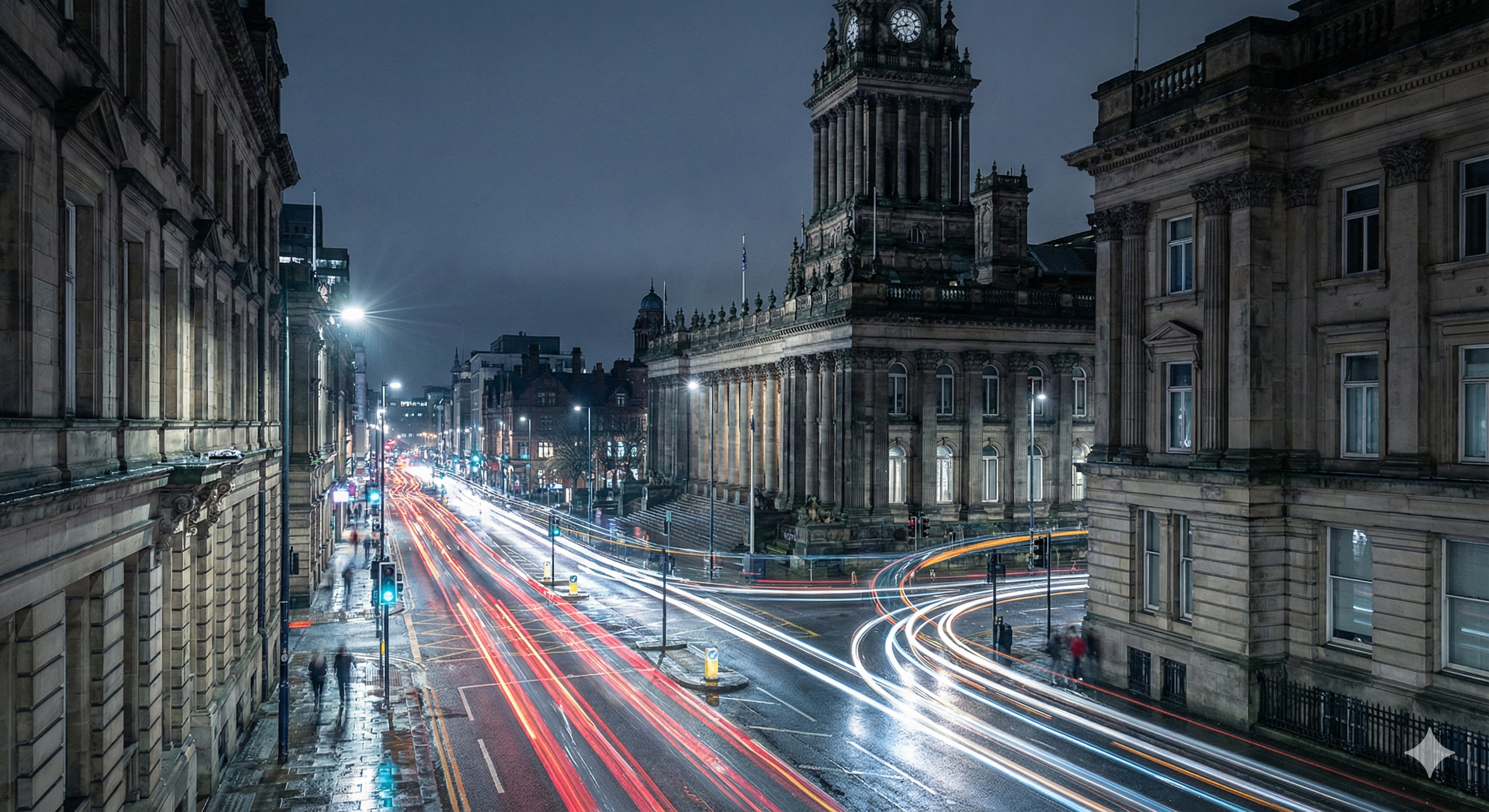 Nighttime city street scene with light trails from moving cars, historic buildings, and a large clock tower.