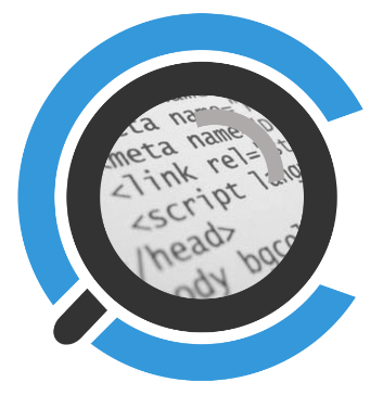 Magnifying glass focusing on HTML code on a webpage.
