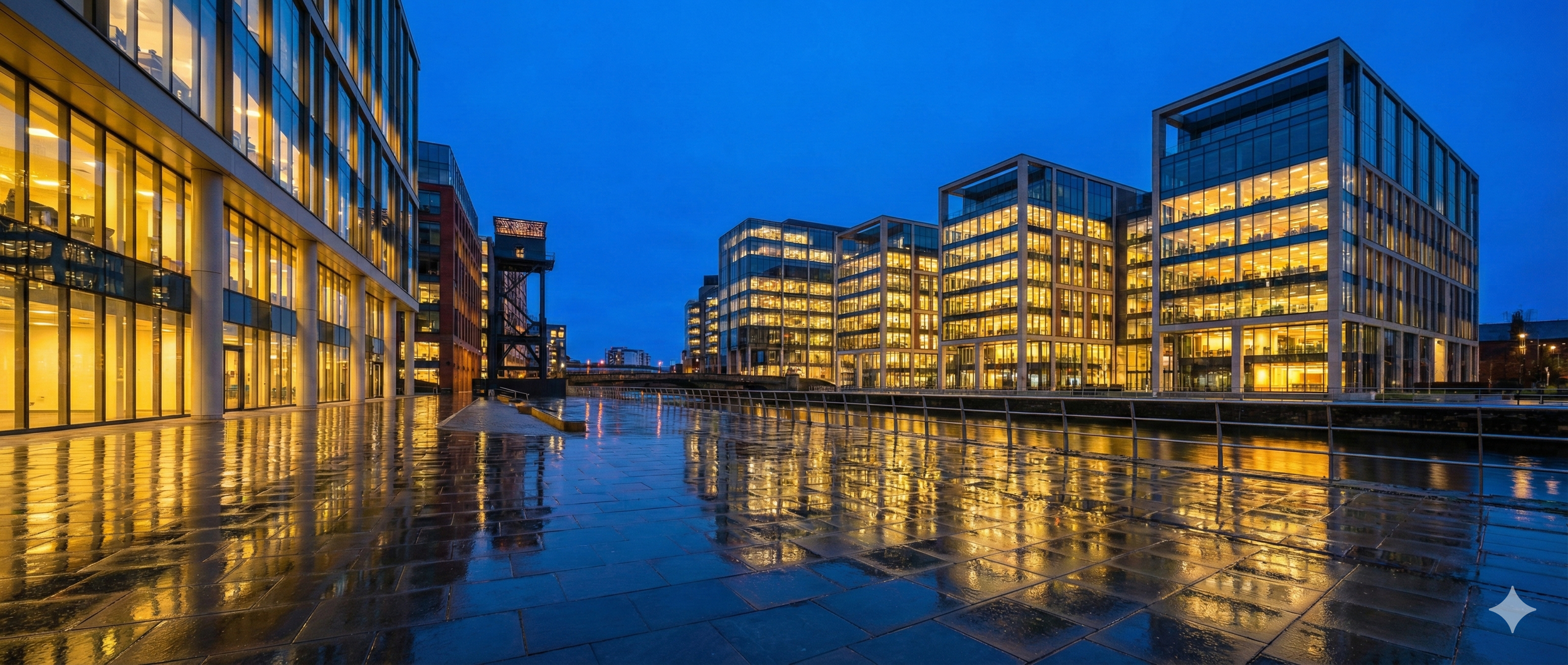 Modern office buildings with glass facades illuminated at night, reflecting on wet pavement in an urban setting.