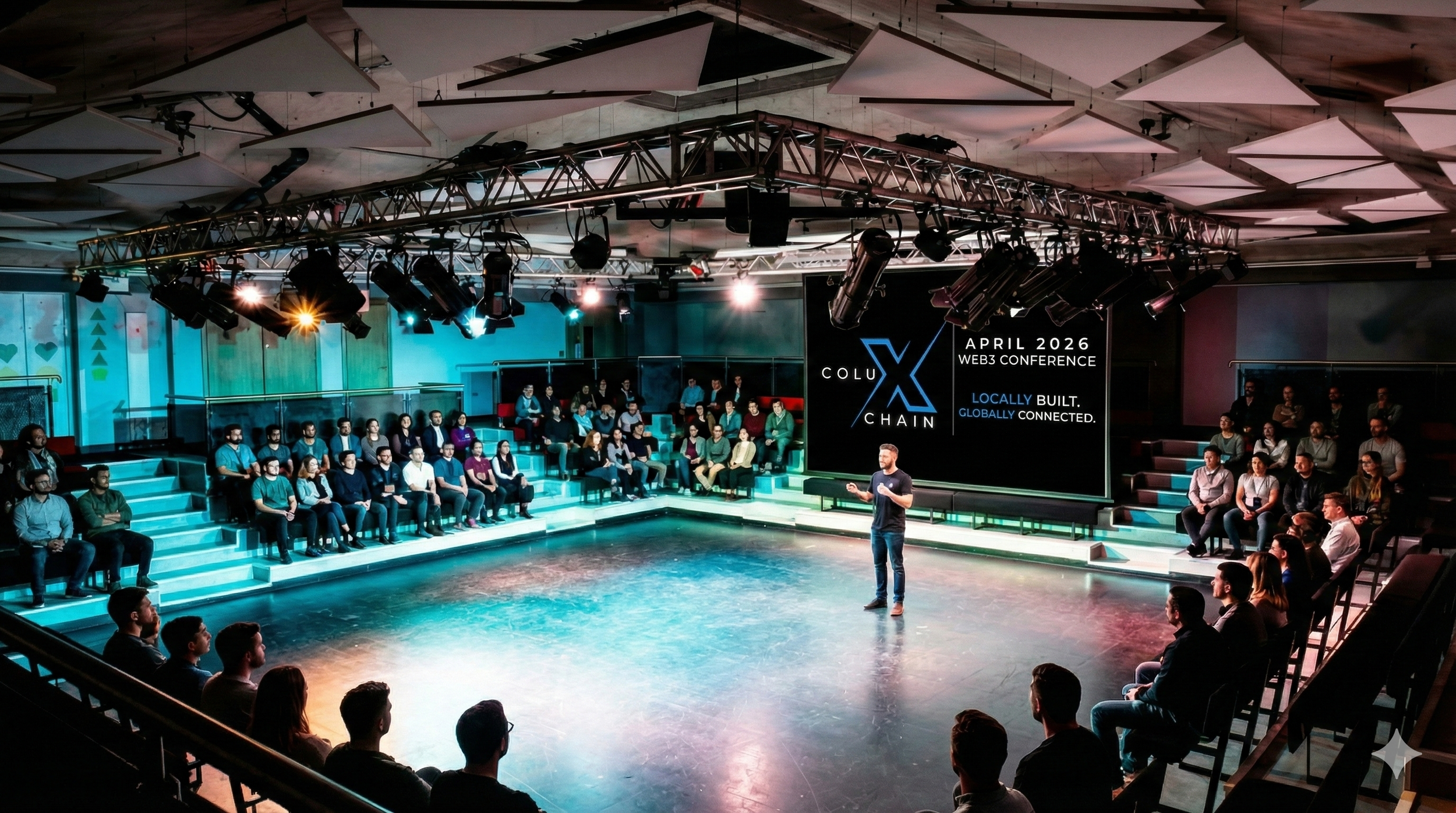 A speaker presents on stage at a conference, with an audience seated on tiered benches and chairs, and a large screen displaying "COLUX CHAIN, April 2026 Web3 Conference, Locally Built. Globally Connected." The room has professional lighting and audiovisual equipment.