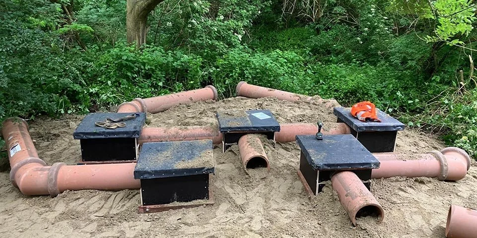 Werkzaamheden voor een compensatieplan in groene omgeving, betonnen pijpen en metalen kasten liggen op de grond.