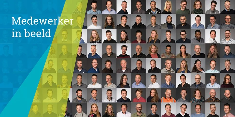 Een collage van medewerkers in verschillende profielfoto's, met de tekst 'Medewerker in beeld' links in het blauw en groen.