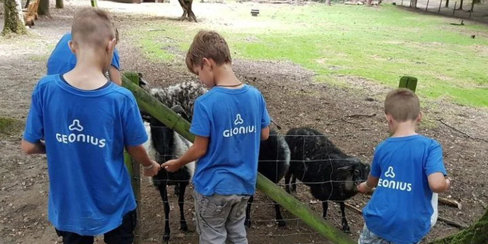 Drie jongens in blauwe shirts kijken naar geiten en schapen achter een hek.