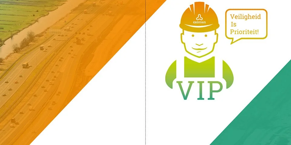 Illustratie van een bouwvakker met helm met tekst 'Veiligheid Is Prioriteit', en het woord 'VIP' onder hem.