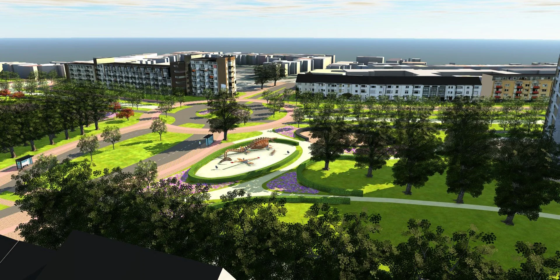 Een tekening van een stadspark met wandelpaden, gazons, bomen, speelplaatsen en omringende appartementencomplexen.