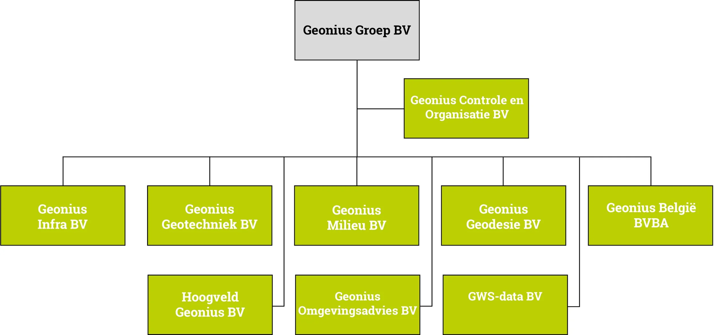 Organigram van een organisatie, met de naam 'Genius Groep BV' bovenaan. Onderverdeeld in meerdere afdelingen zoals 'Genius Controle en Organisatie BV', 'Genius Infra BV', 'Genius Geotechniek BV', 'Genius Milieu BV', 'Genius Geodesie BV', en 'Genius België BVBA'.