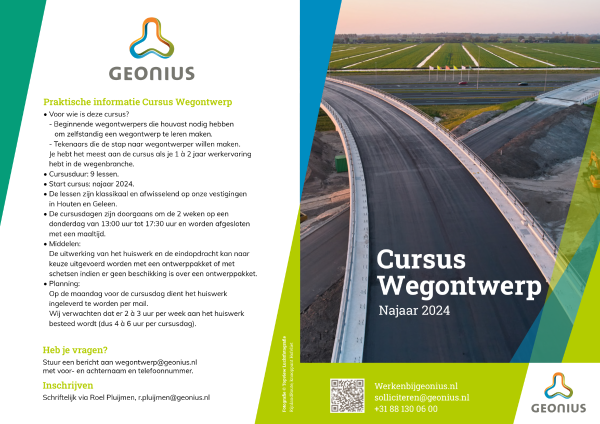 Flyer voor de cursus Wegenontwerp, herfst 2024, met informatie over praktische details, startdatum, lesmateriaal, planning en contactgegevens, inclusief QR-code voor meer informatie.