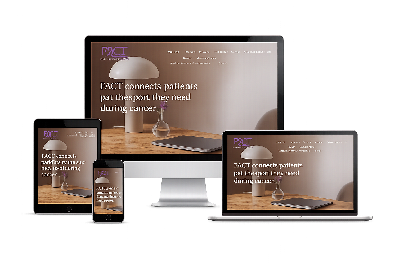 Multiple electronic devices displaying a website with a brown background, a white lamp, a flower in a vase, and a closed laptop, all showing the same page about connecting cancer patients with support.