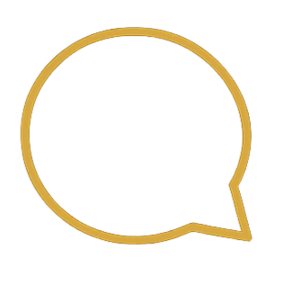 Gold outlined speech bubble icon on a black background.