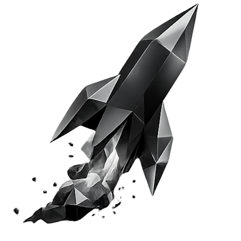 A black origami-style paper rocket with gray accents and a small lion figure at the bottom.
