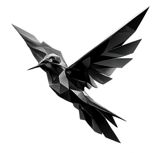 Black geometric hummingbird sculpture with wings spread