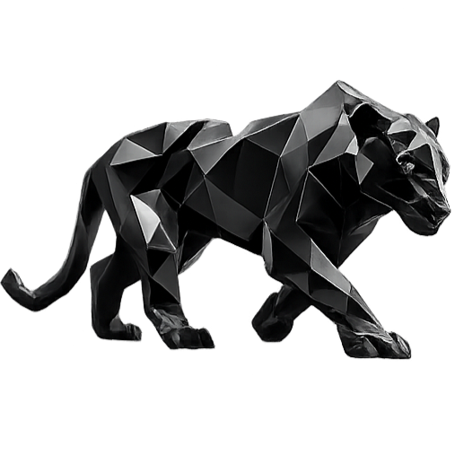 Black geometric sculpture of a lion against a black background.
