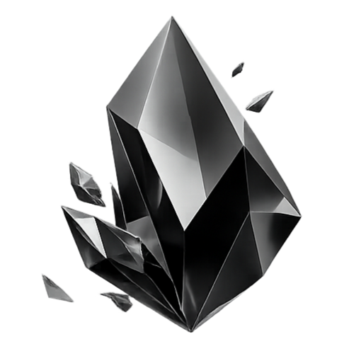 Black crystal shard with smaller shards around it, isolated on a white background.