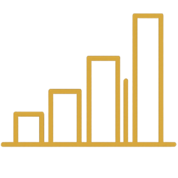 Golden line graph showing steady growth with five ascending bars of increasing height.