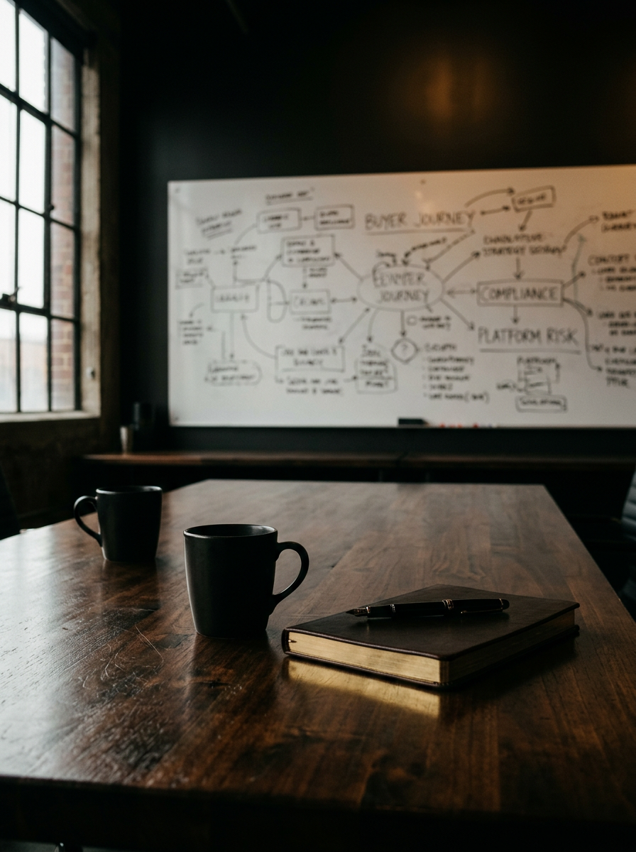 large whiteboard hanging on far wall in deep background covered in handwritten strategy notes