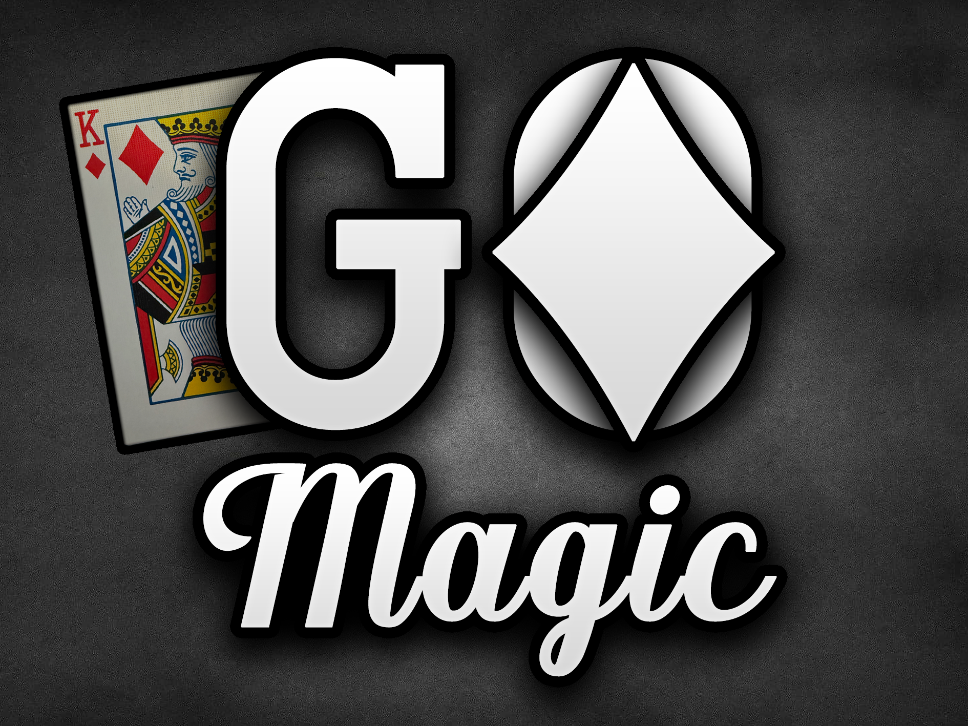 Graphic design with a Queen of diamonds playing card, a large letter G, a diamond-shaped emblem, and the word Magic in cursive, all on a dark background.
