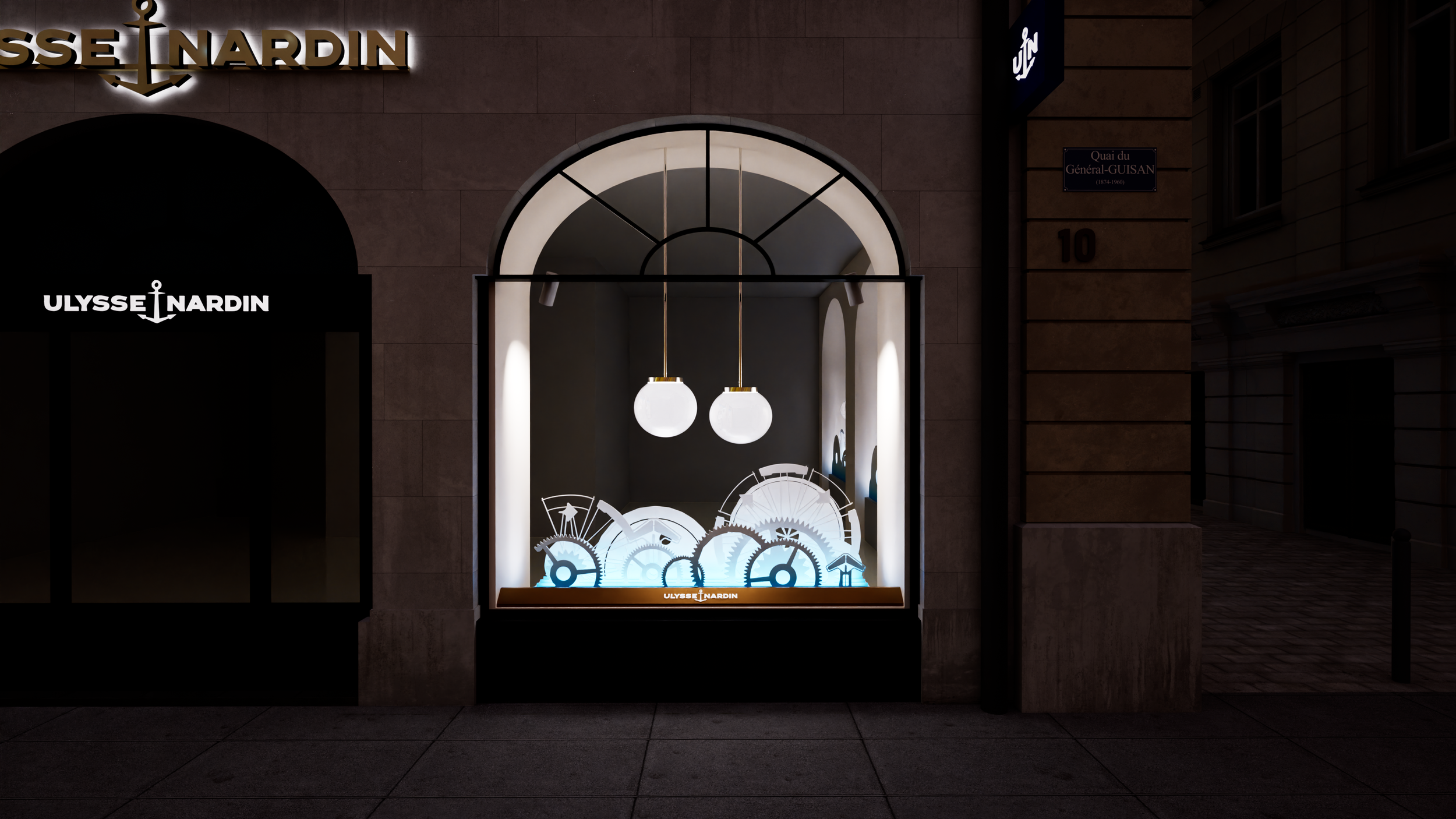 Vitrine de magasin Ulysse Nardin de Genève, Suisse. Scénographie de vitrine sur-mesure avec modélisation 3D et rendu photo réaliste