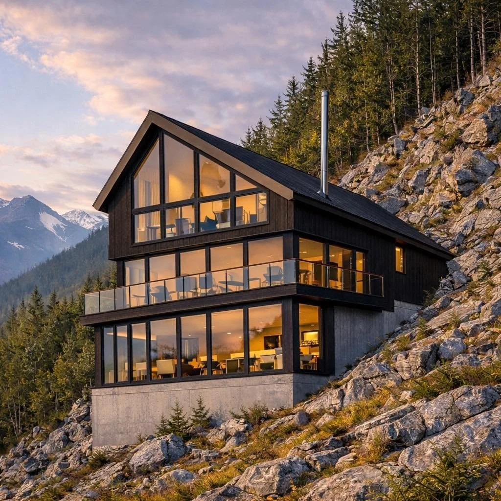 🏔️✨ LIVE ABOVE THE ORDINARY ✨🏔️

Where architecture meets the mountains and every window frames a masterpiece. 🌄
This modern retreat blends bold structure, warm lighting, and breathtaking views &mdash; proving that luxury isn&rsquo;t just inside t