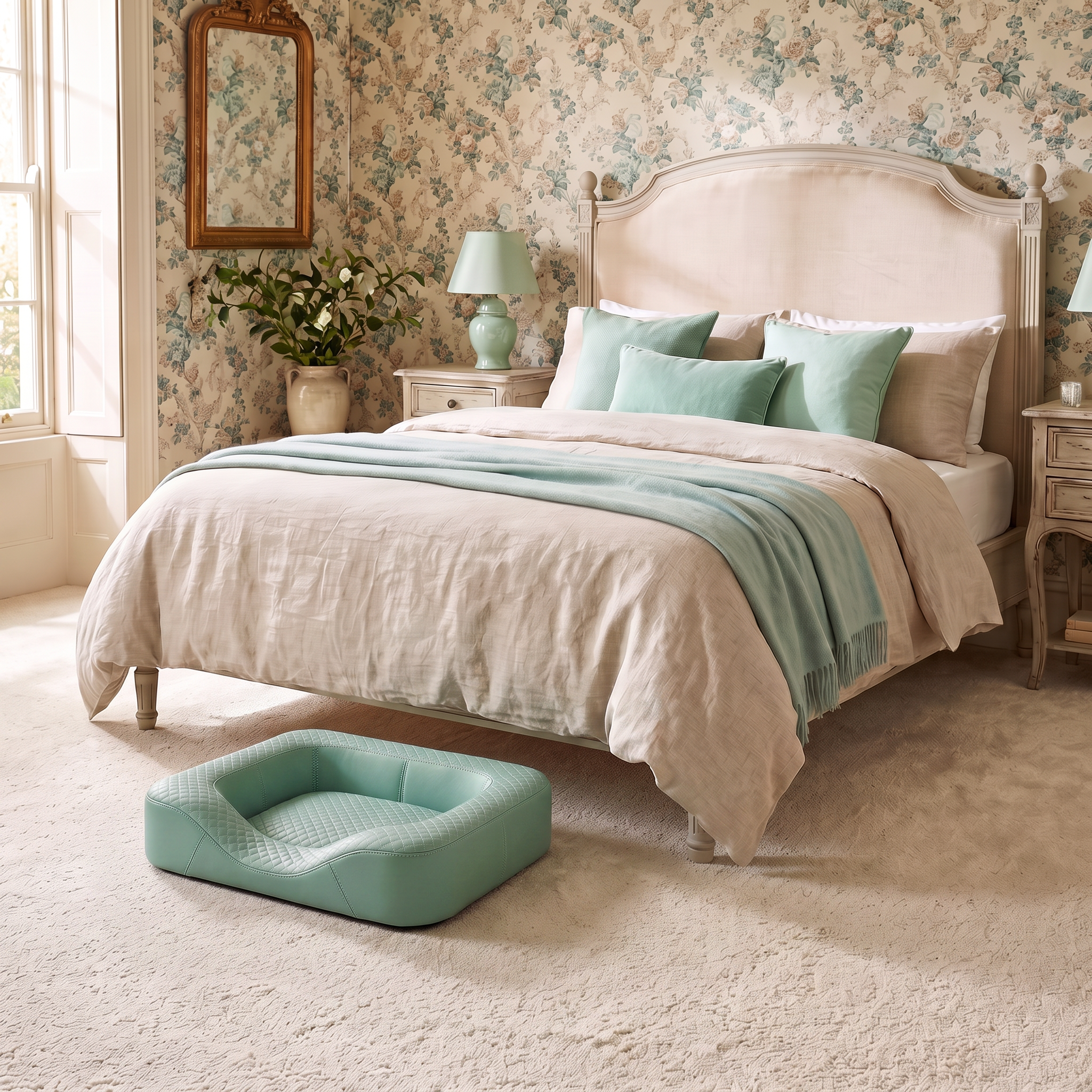 A bedroom with a bed that has linen bedding, green pillows, and a cream quilt. On the floor is a green diamond stitched leather Parker-Evans dog bed. The wall behind the bed has floral wallpaper with pink and green flowers.