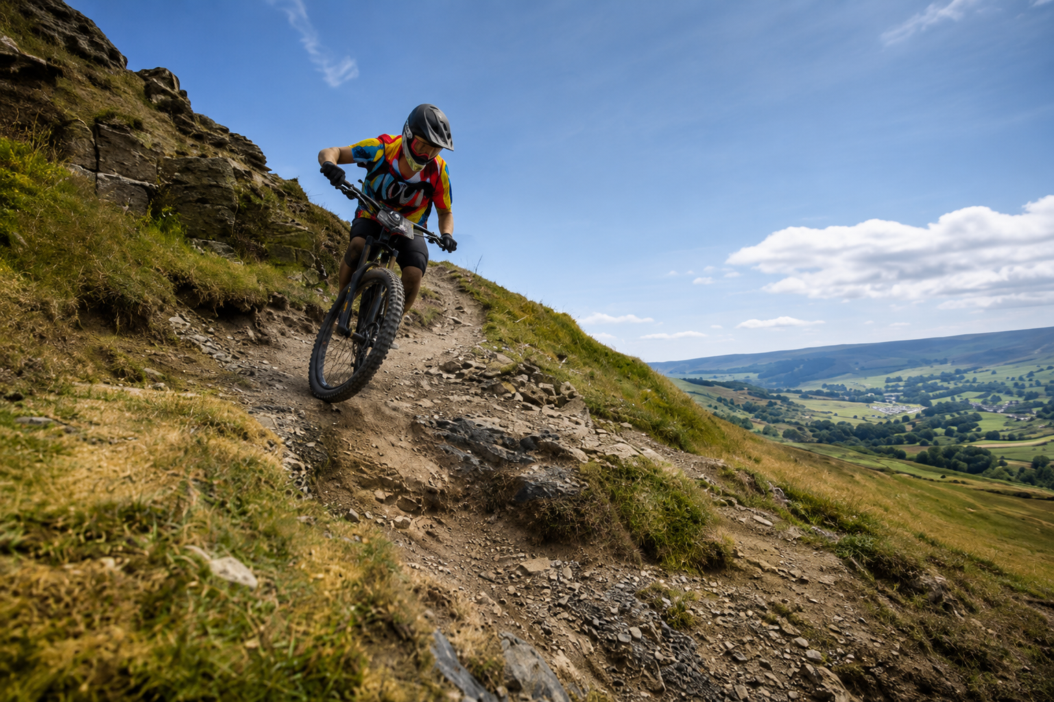 Darren mountain biking downhill on a rugged trail on a hillside with grass, rocks, and a view of distant rolling hills under a blue sky with scattered clouds.