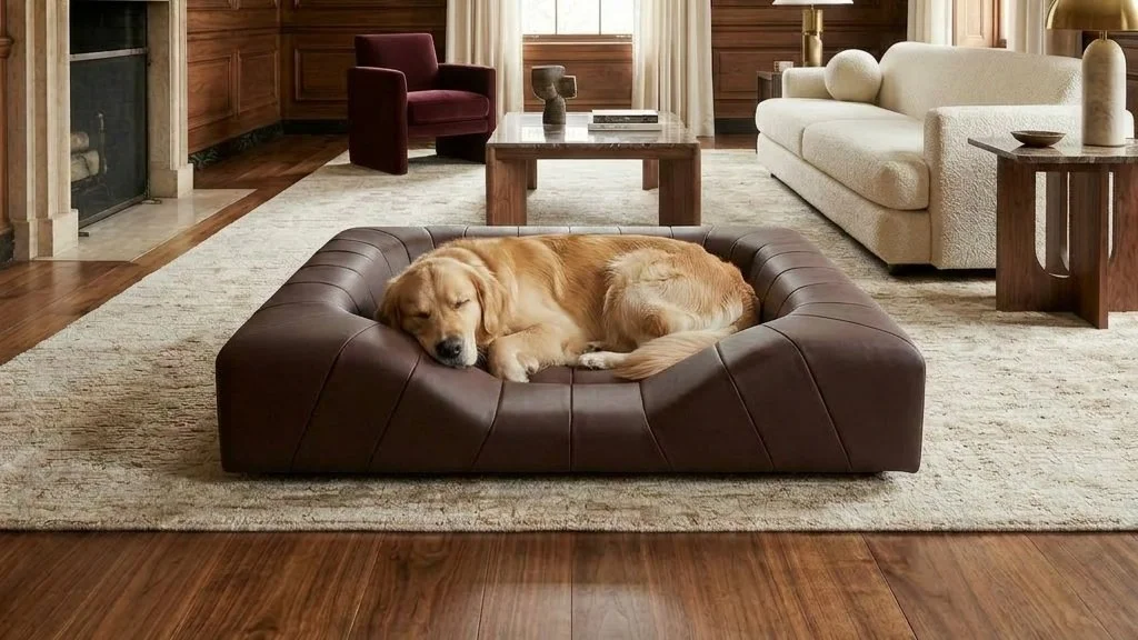 A golden retriever dog sleeping on a burgundy leather Parker-Evans dog bed in a living room with wooden walls and hardwood floors.