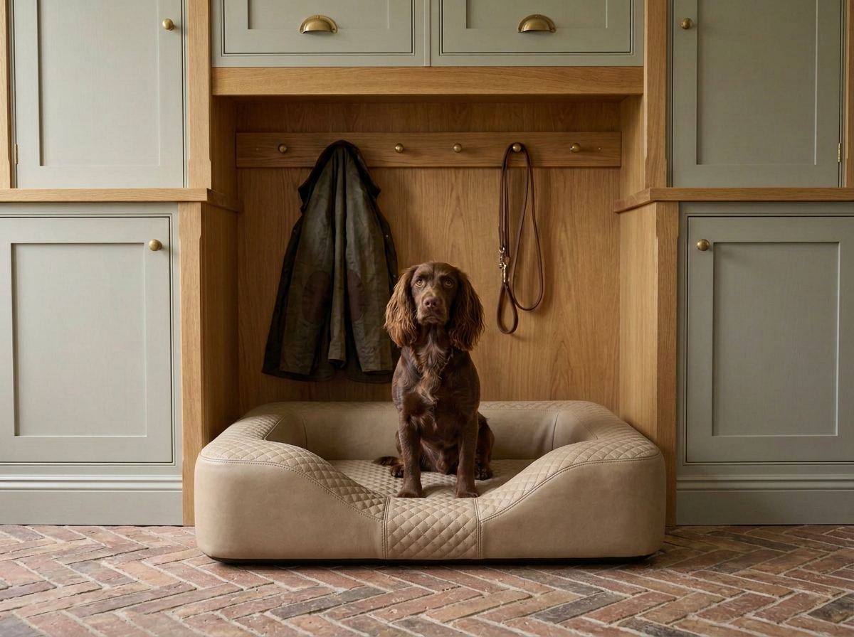 A brown dog sitting on a leather beige Parker-Evans dog bed in a boot room, with a wax jacket and brown leash hanging on hooks behind it, surrounded by sage and oak cabinets.