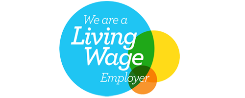 A visual graphic with overlapping colored circles and text that reads: 'We are a Living Wage Employer'.
