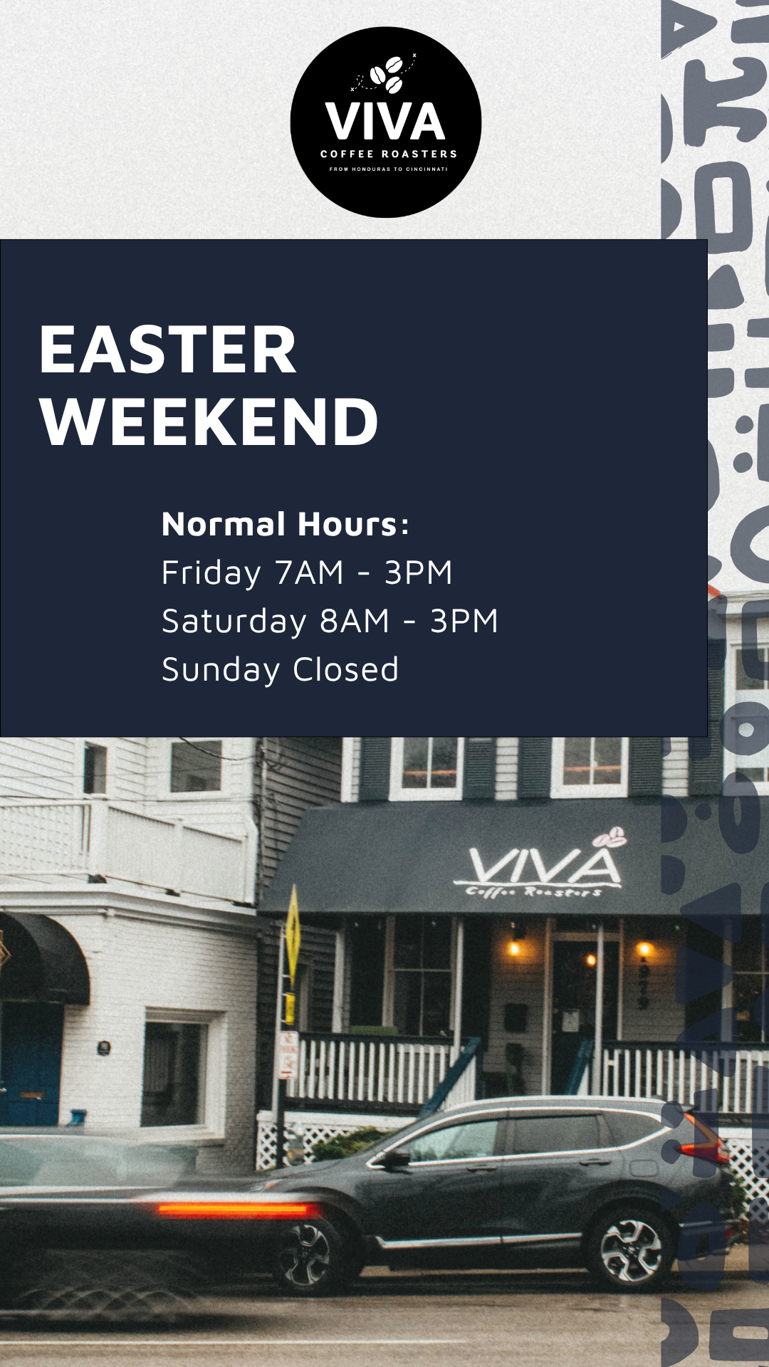 A promotional flyer for VIVA Coffee Roasters, featuring a photo of their storefront and operational hours for Easter weekend.