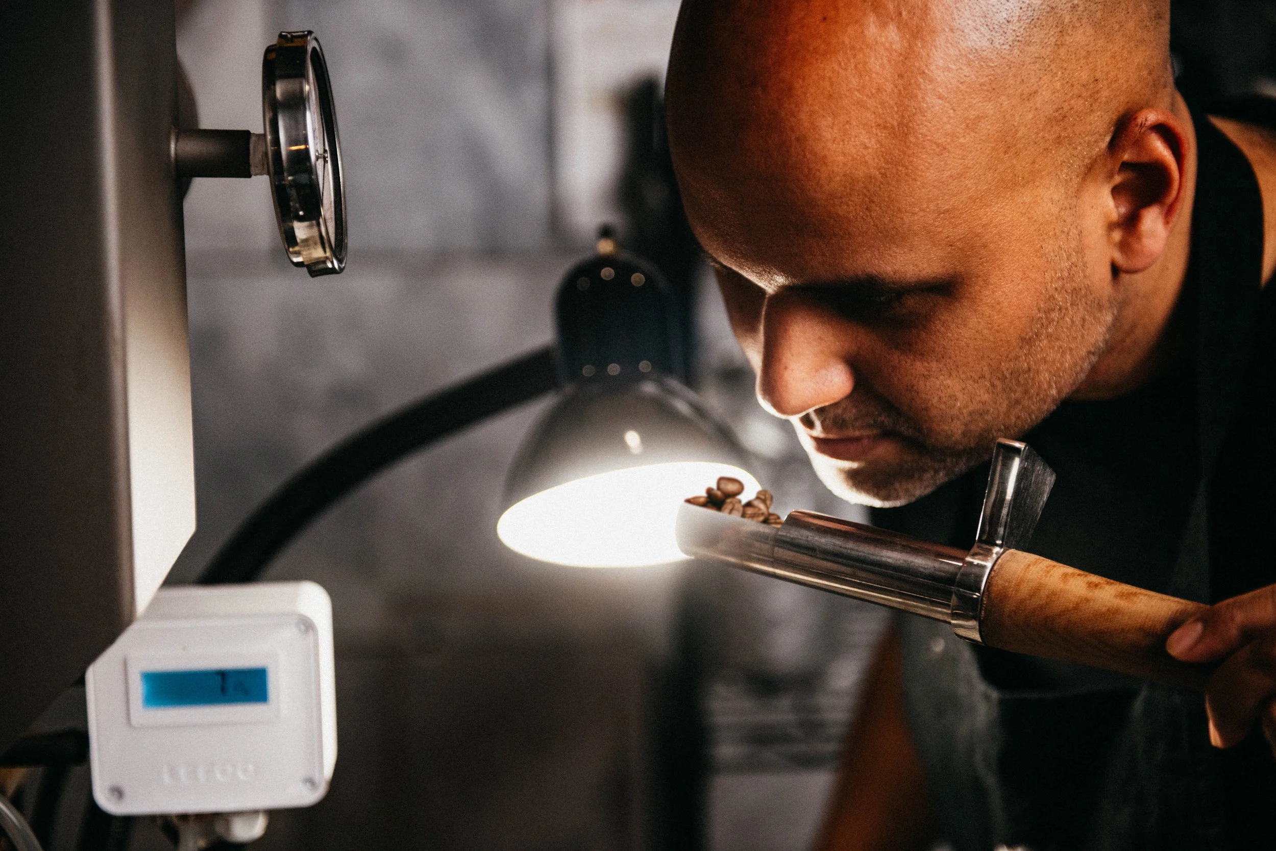A man smelling roasted coffee beans in a scoop while examining them closely in a dimly lit environment.