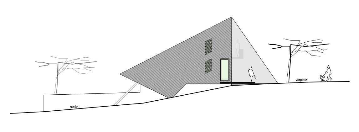 haus SO - Ansicht eines modernen Hauses mit schrägem Dach, umgeben von Gärten, Bäumen, einer Person mit Hund und einer Person.