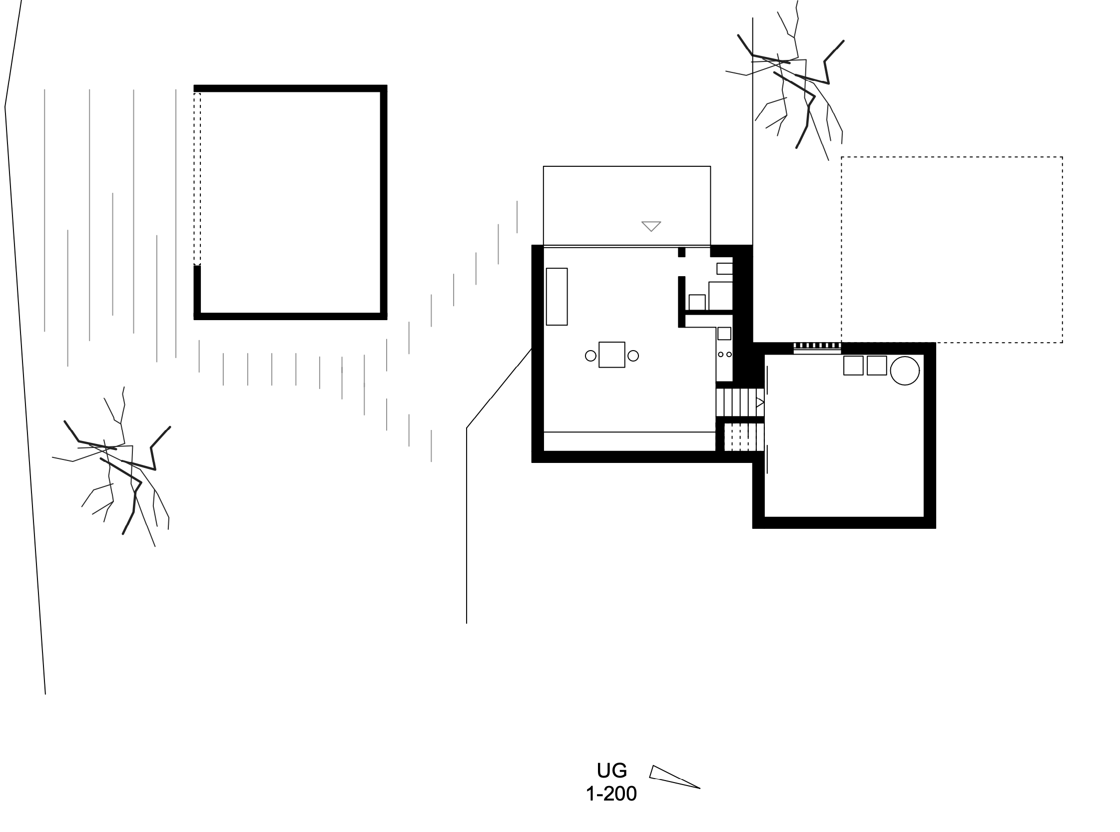 haus SG - Grundriss eines Hauses mit angrenzendem Außenbereich, auf dem einige Bäume zu sehen sind.