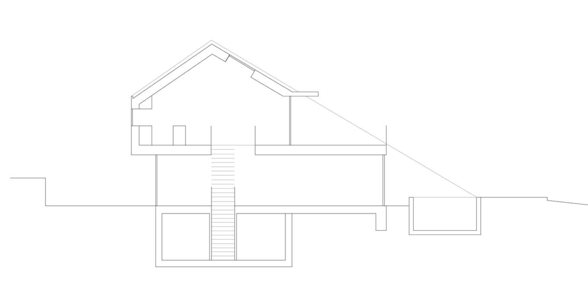 haus CC - Schnitt eines Hauses, mit mehreren Ebenen, Treppe und Dach.