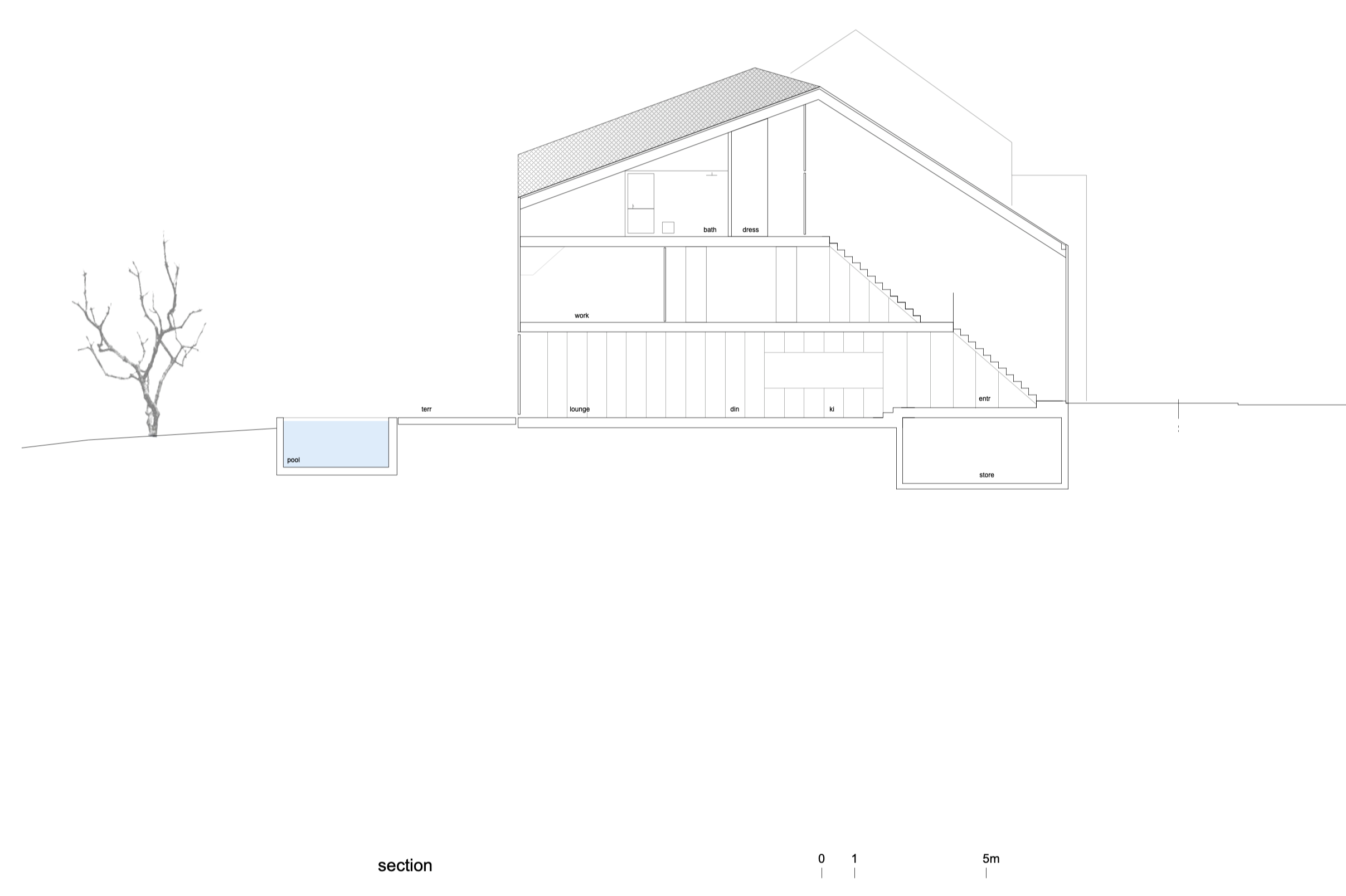 Schnittzeichnung eines Hauses mit mehreren Stockwerken, einem Pool, Baum im Garten und verschiedenen Zimmern im Grundriss.