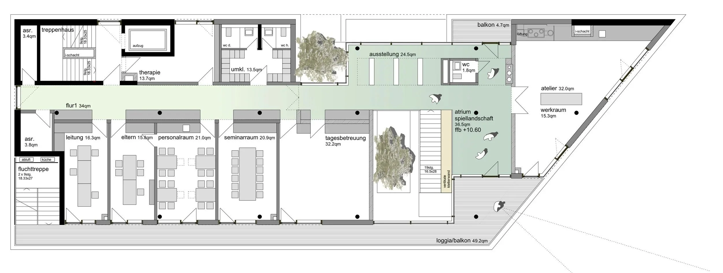 kinderhaus BUGA - Detaillierter Grundriss eines Gebäudes mit verschiedenen Räumen wie Therapie, Seminarraum, Personalraum, Elternraum, Tagesbetreuung, Ausstellung, Werkraum und Loggia/Balkon, inklusive Gartenflächen und Eingangsbereich.