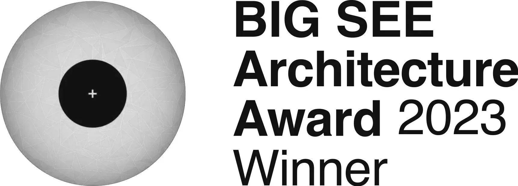 Grafik mit ausergewöhnlicher Architektur, neben dem Text "BIG SEE Architecture Award 2023 Winner" in Schwarz.