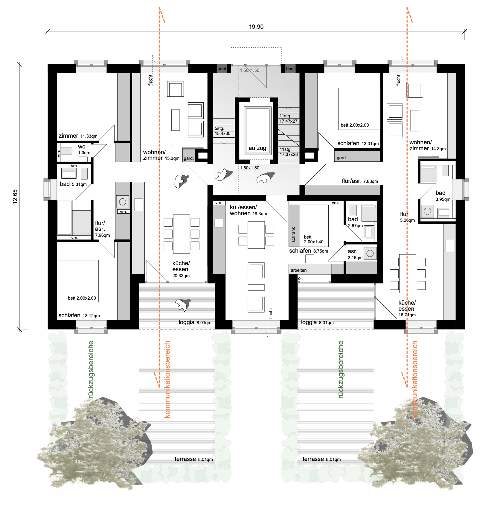 wohnhaus BUGA - Grundriss eines Hauses mit mehreren Zimmern, Terrassen, Loggien und Gärten, inklusive Maßeinheiten und Raumbeschreibungen in Deutsch.