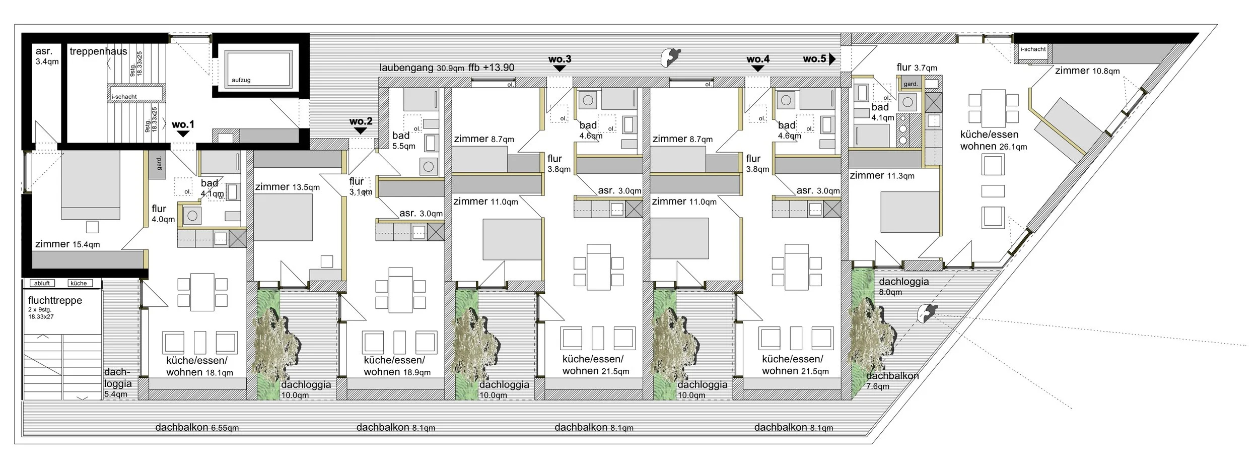 kinderhaus BUGA - Der Grundriss eines Mehrfamilienhauses mit einzelnen Wohnungen, Balkonen, Treppenhaus, Aufzug, sowie Gemeinschaftsbereichen wie Küche, Esszimmer und Wohnzimmer.
