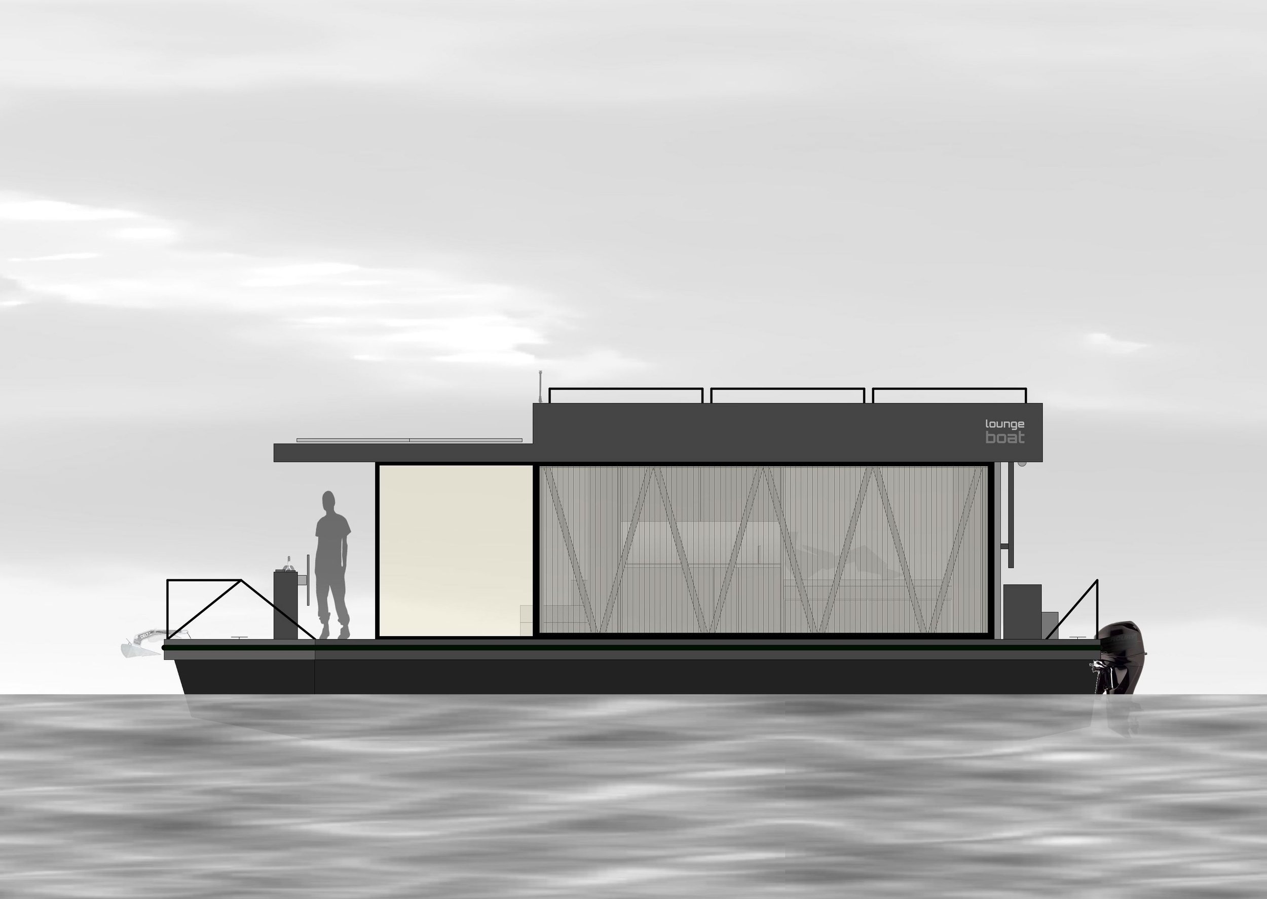 Ein modernes Haus auf dem Wasser mit einem Oberdeck, das Lounge-Charakter hat, und einem Außenborder an der Seite.