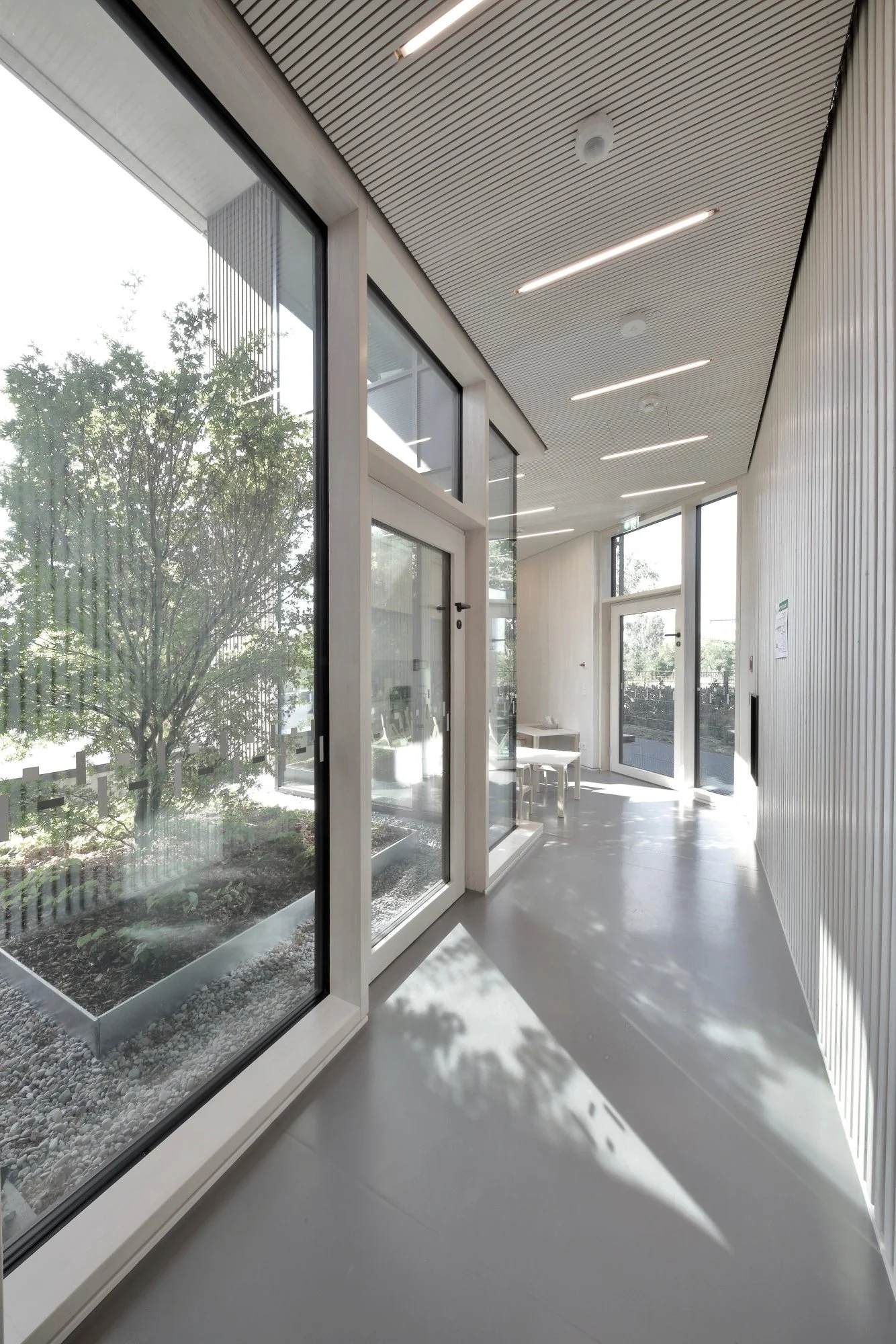 kinderhaus BUGA - Heller Flur mit großen Glasfenstern, die einen Blick auf einen Garten mit Bäumen und Steinen bieten, und weißen Wänden mit vertikalen Linien. Das Deckenlicht ist hell, und die Sonnenstrahlen werfen Schatten auf den grauen Boden.