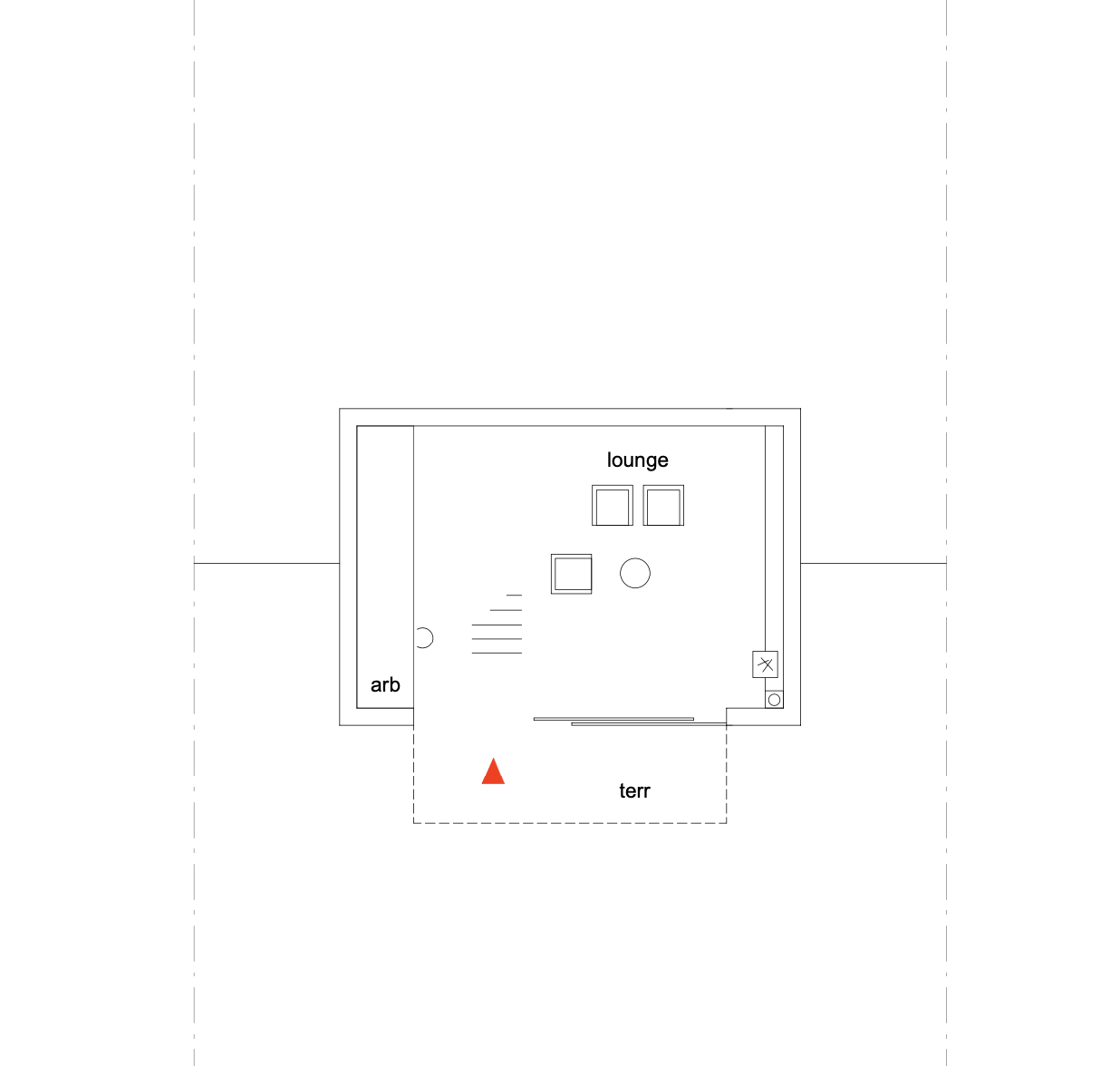 haus GRO - Grundriss einer kleinen Wohnung mit Terrasse, Wohnzimmer mit Möbeln, Arbeitsbereich, und die Begriffe 'terr', 'lounge', 'arb' auf Deutsch.