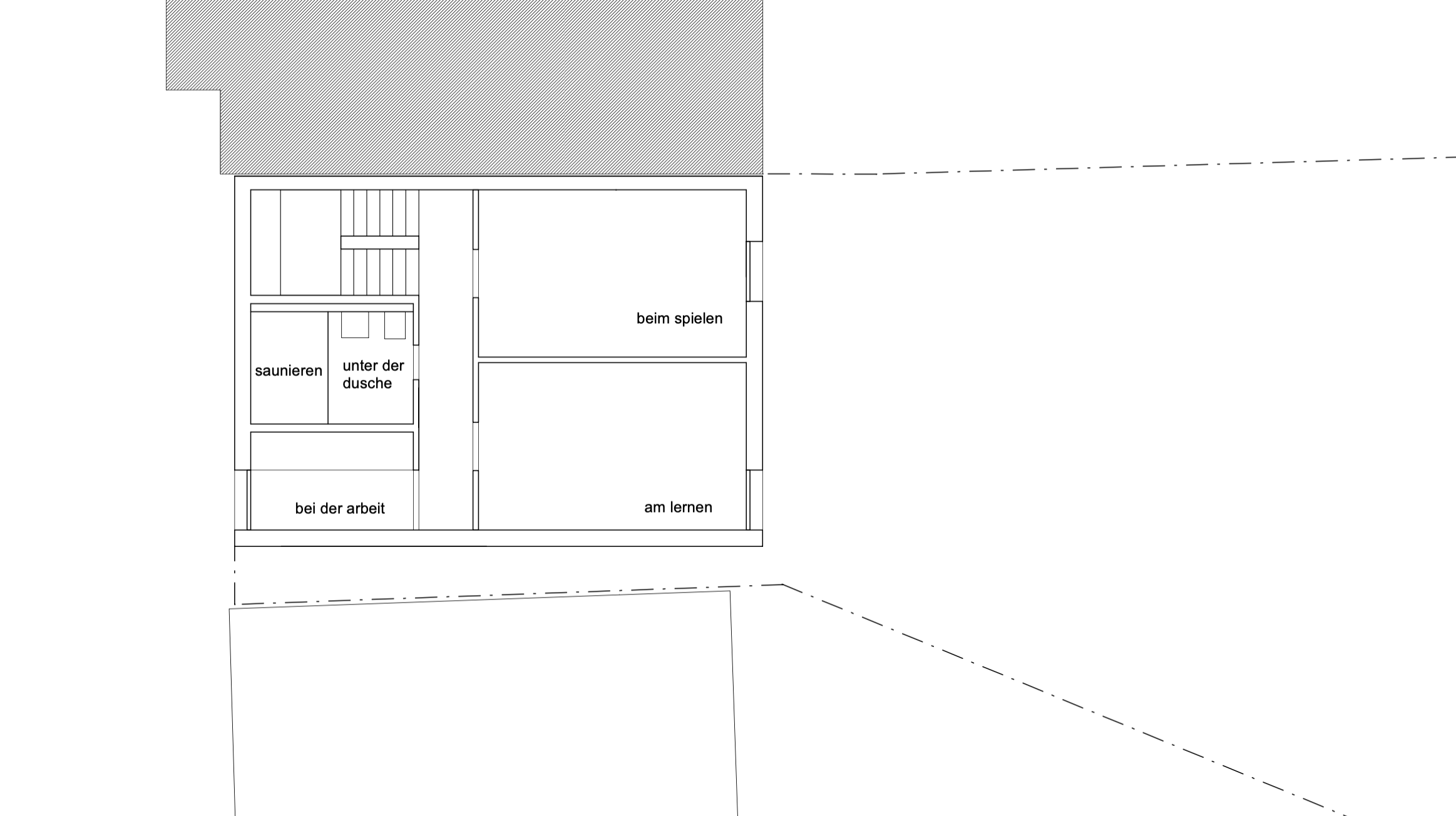 haus - B_Grundriss einer Wohnung mit Bereichen zum Spielen, Lernen, Arbeiten, Saunieren und Duschen.