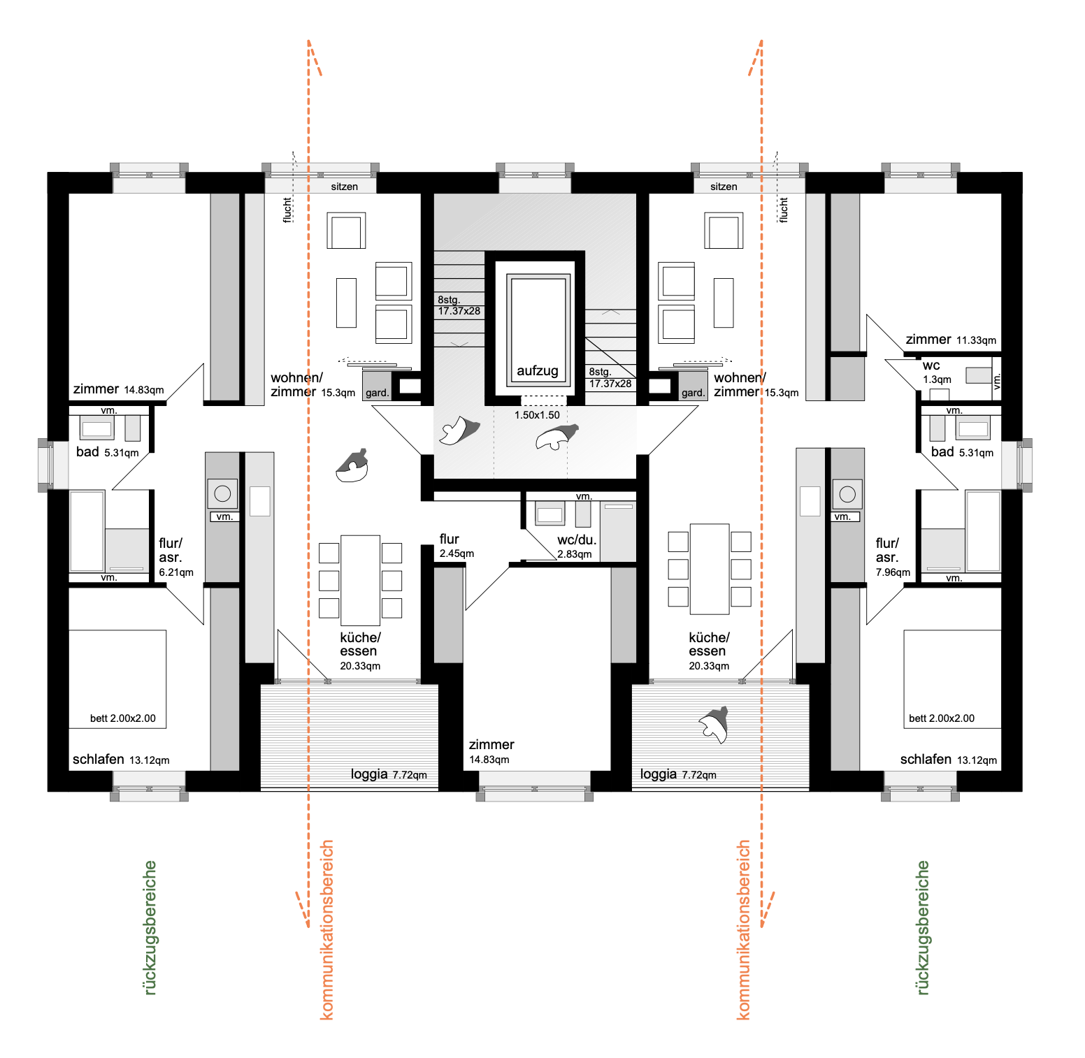 wohnhaus BUGA - Grundriss eines Mehrfamilienhauses mit mehreren Wohnungen, Schlafzimmer, Badezimmer, Küchen, Loggien, Wohn- und Esszimmer sowie Flure, mit Markierungen für Rückzugsbereiche und Kommunikationsbereiche.