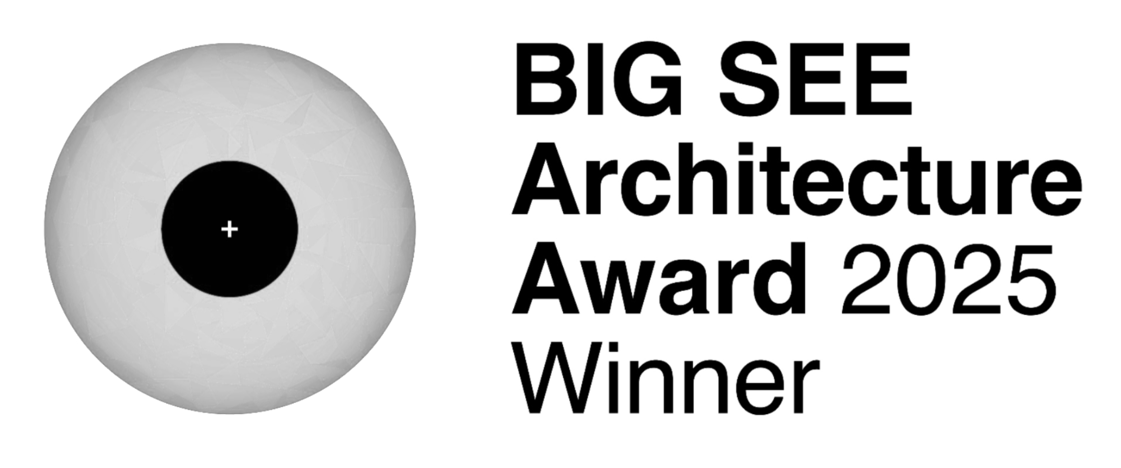 Ein Ball mit einem schwarzen Kreis in der Mitte und Pluszeichen, daneben der Text 'BIG SEE Architecture Award 2025 Winner'.