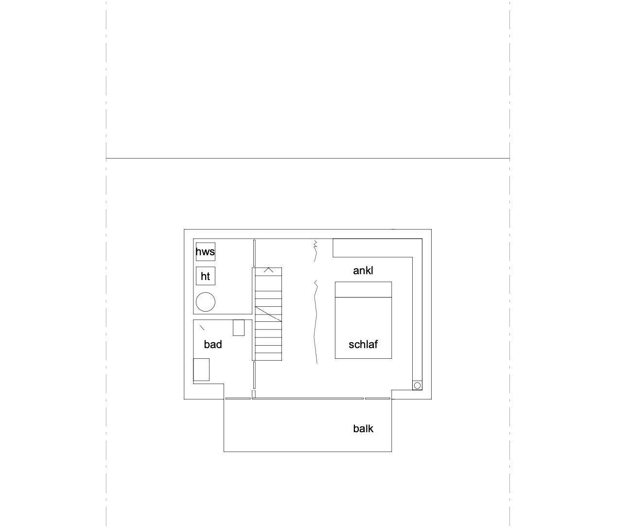 haus GRO - Grundriss einer oberen Etage eines Hauses mit Schlafzimmer, Ankleidezimmer, Badezimmer und Balkon.