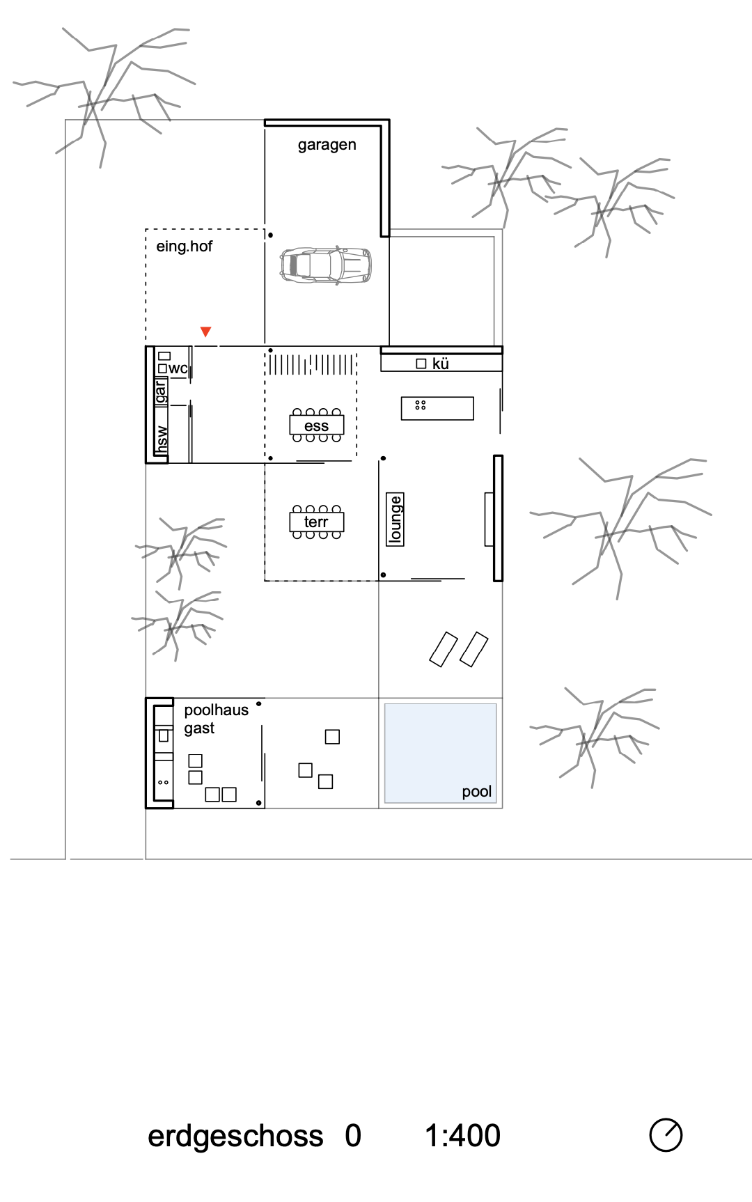 haus vO - Grundriss eines Hauses mit Garten, Garage, Pool und verschiedenen Räumen