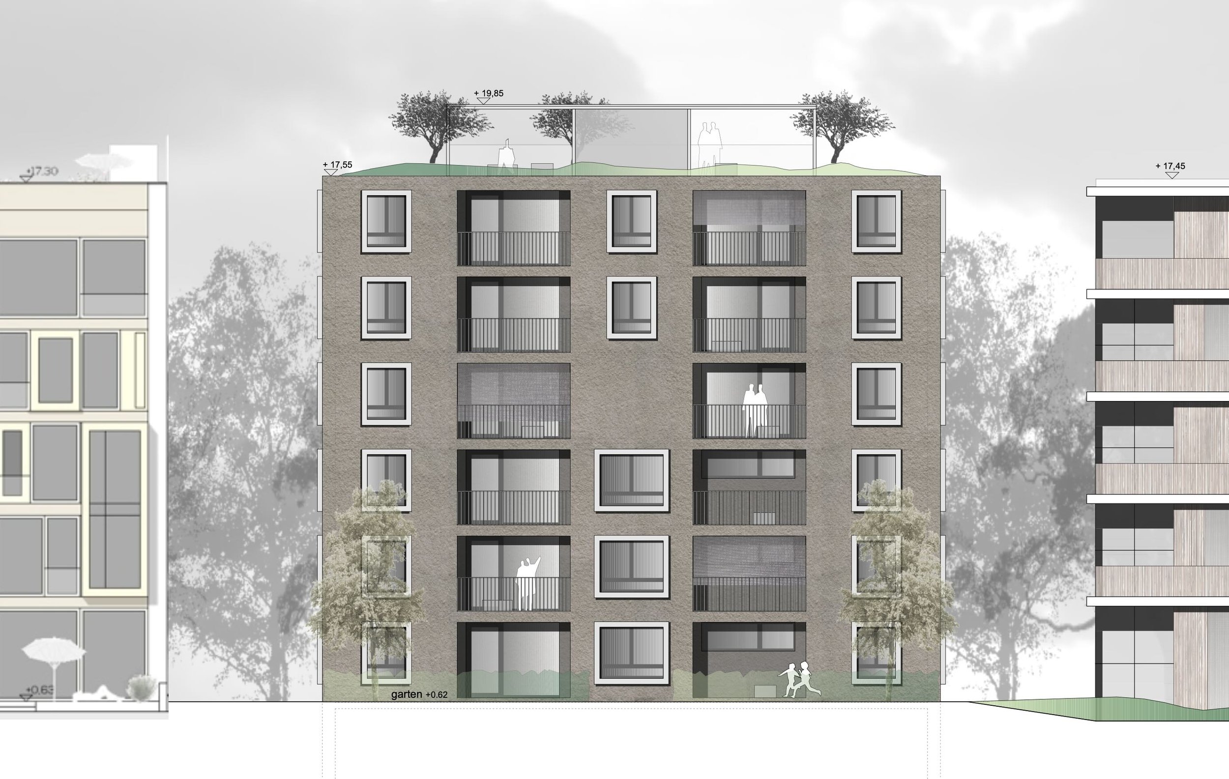 wohnhaus BUGA - Vertikaler architektonischer Entwurf eines modernen Mehrfamilienhauses mit Balkonen, Balkonbrüstungen und begrüntem Dachgarten mit Bäumen und Sitzgelegenheiten.