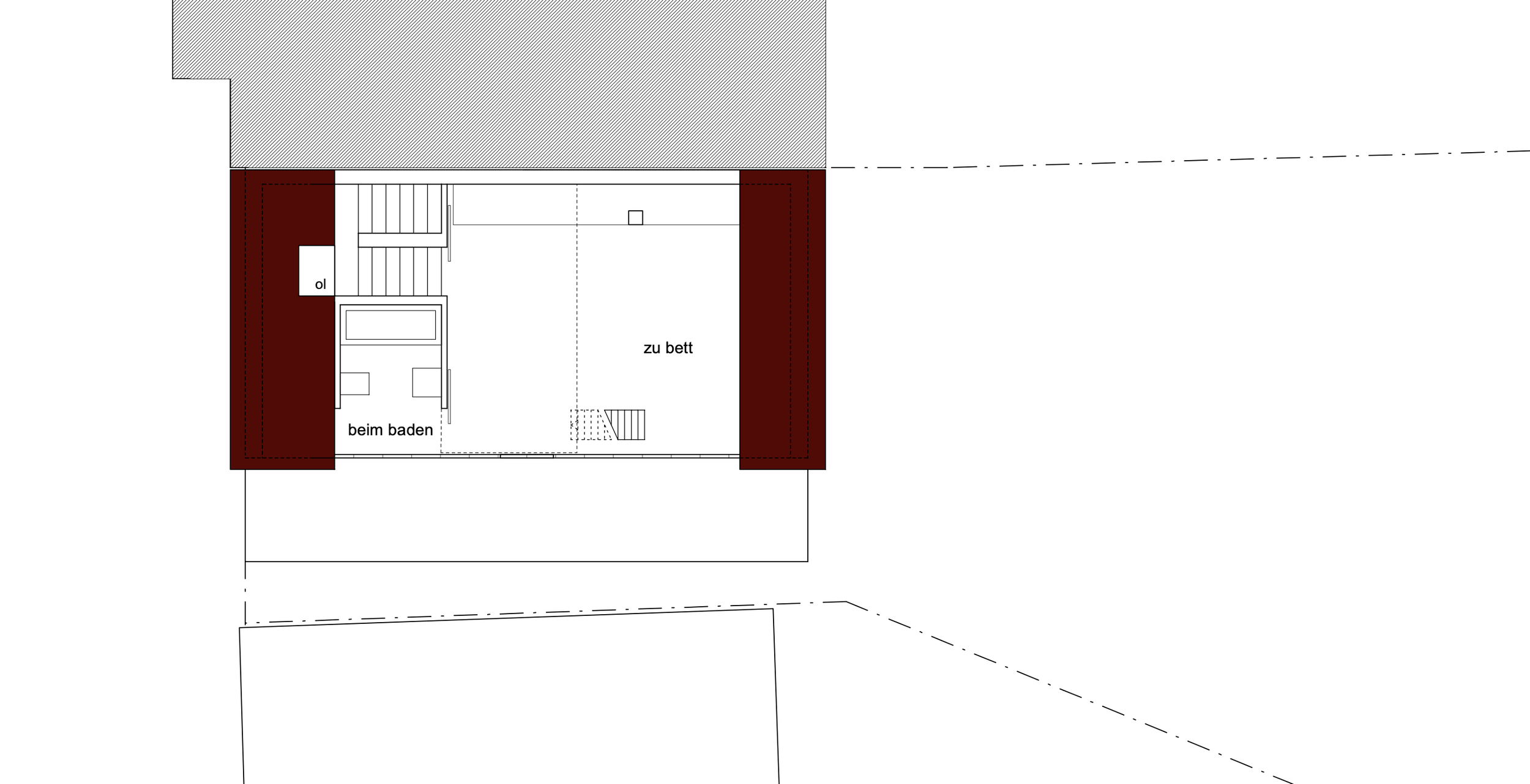 haus - B_Architektonischer Grundriss eines Schlafbereichs mit Treppen, Bad und markiertem Bettbereich